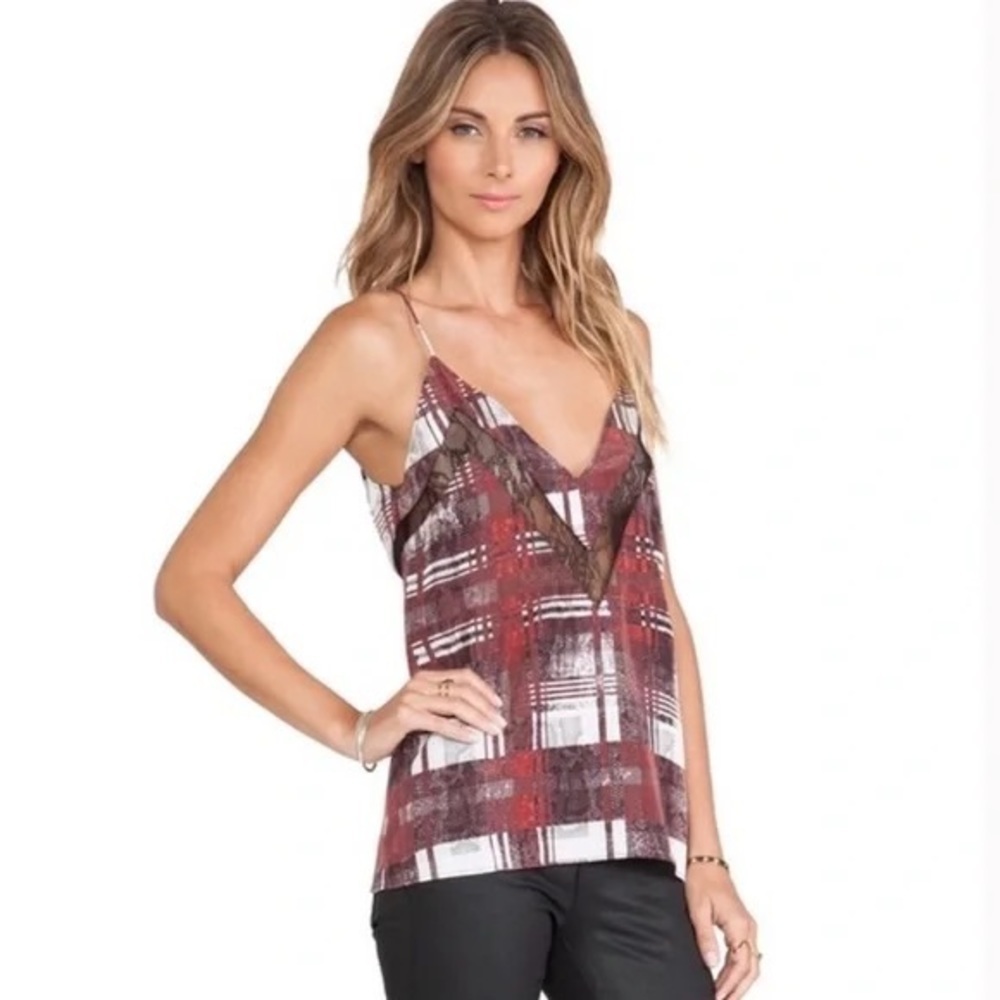 Lovers + Friends Last Goodbye Tank in Merlot Plaid Lace, size S